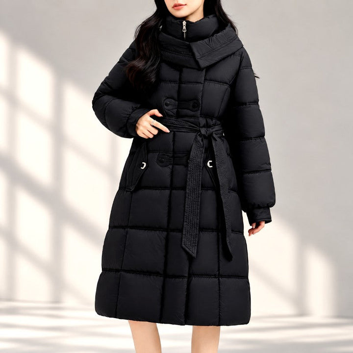 Long Padded Hooded Jacket with Wide Quilting and High Collar