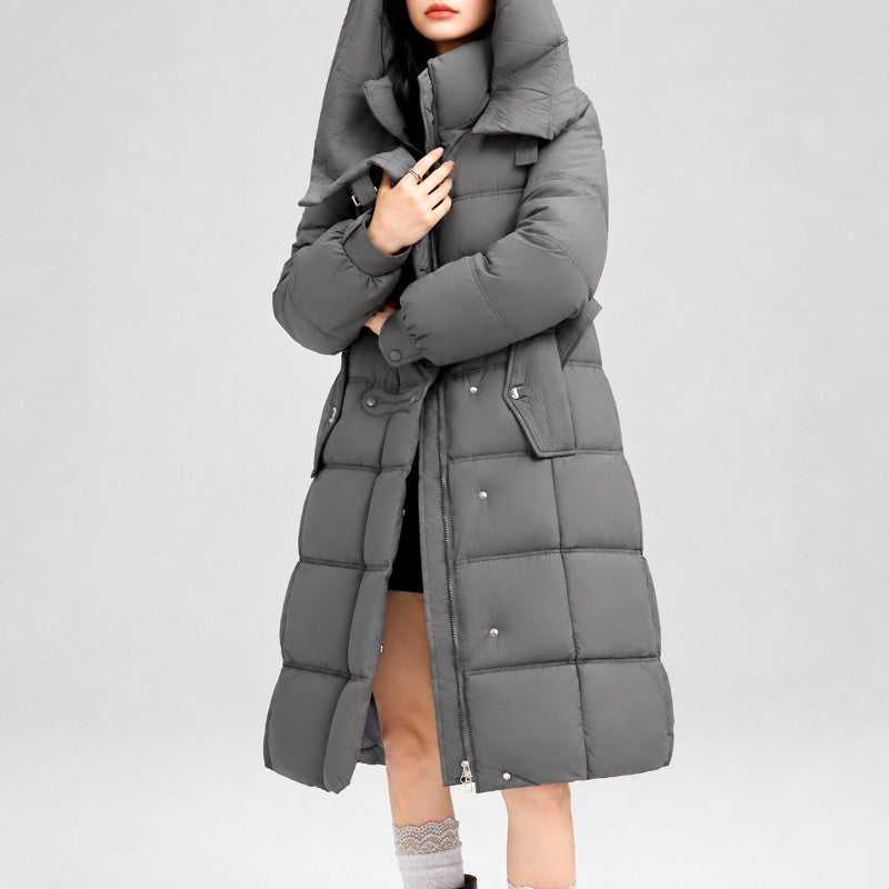 Long Padded Hooded Jacket with Wide Quilting and High Collar