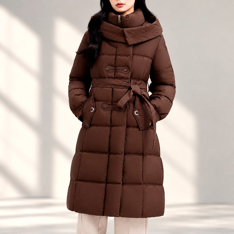 Long Padded Hooded Jacket with Wide Quilting and High Collar