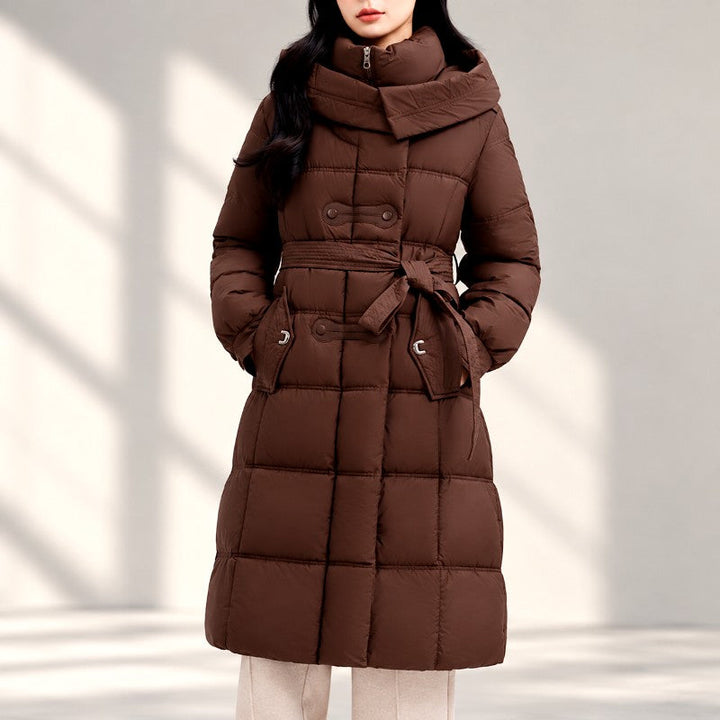 Long Padded Hooded Jacket with Wide Quilting and High Collar