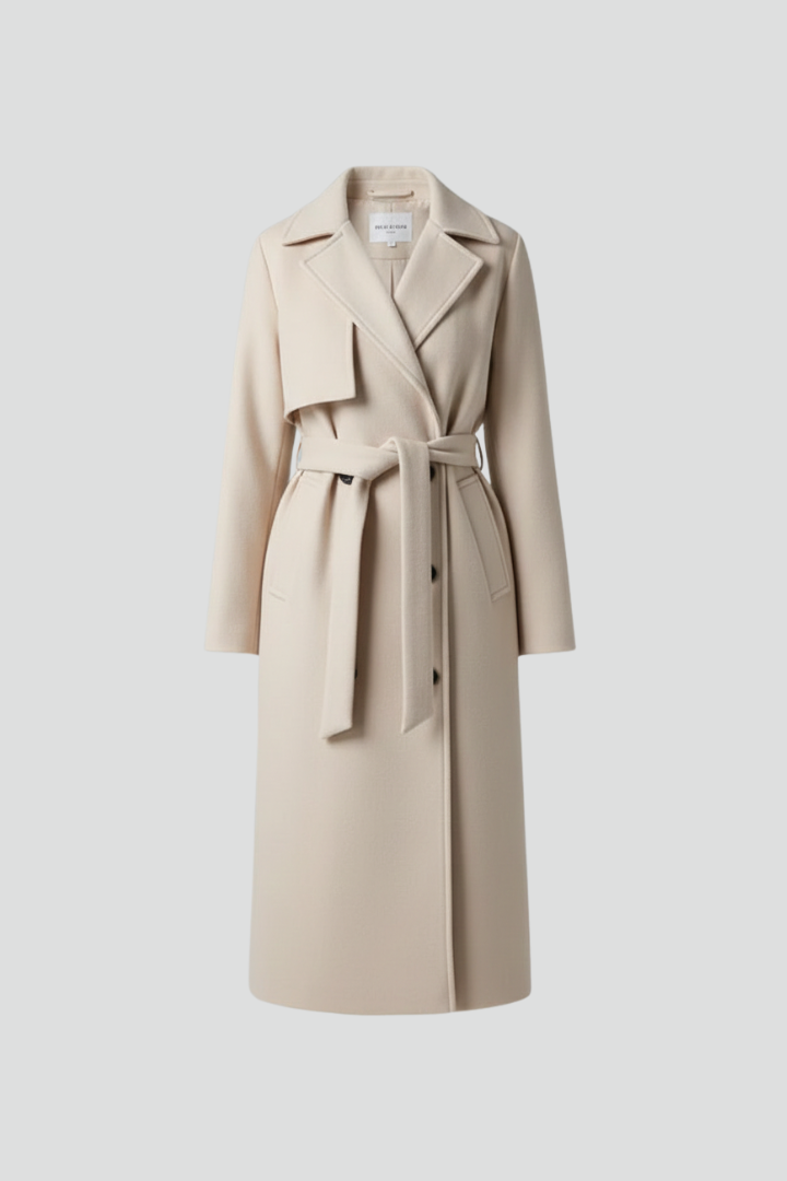 Longline Double-Breasted Belted Coat with Notch Lapels