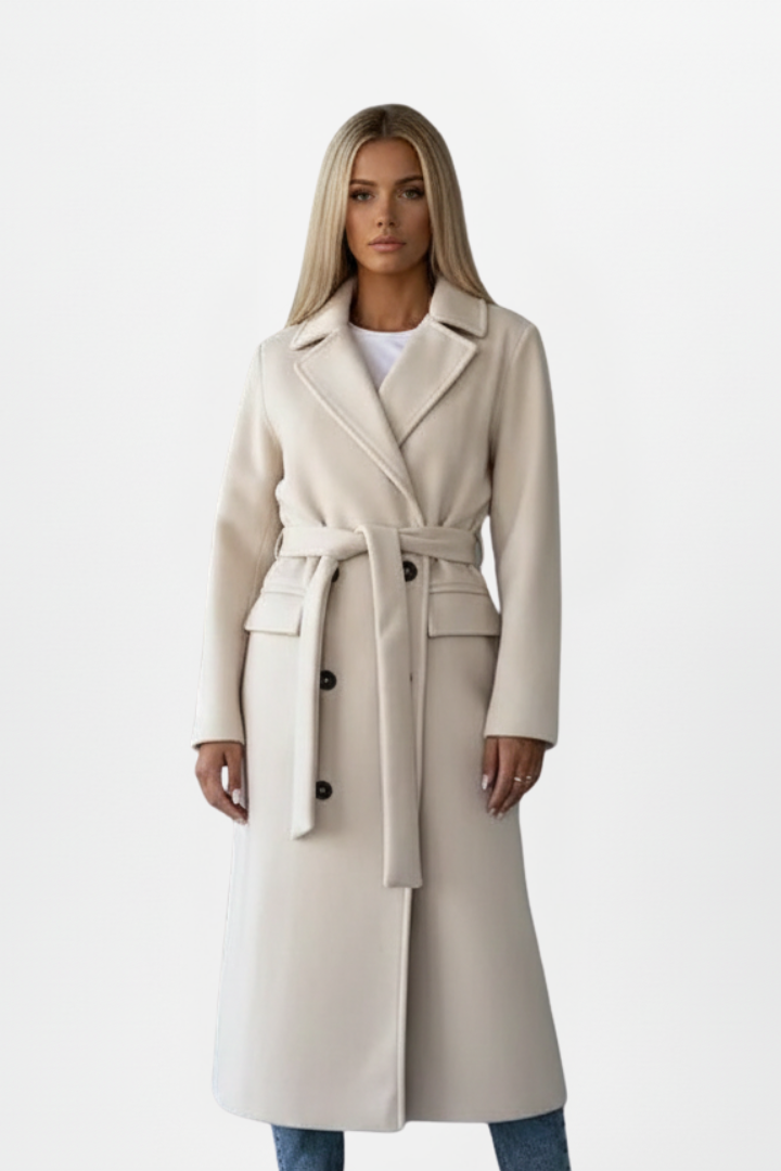 Longline Double-Breasted Belted Coat with Notch Lapels
