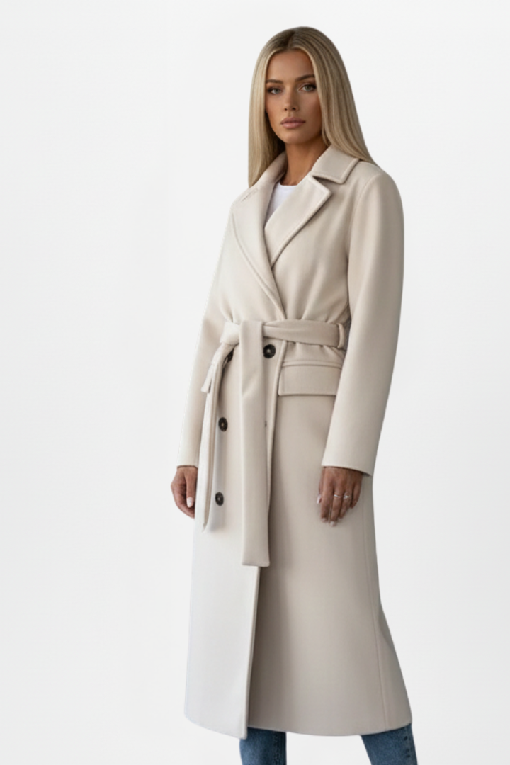 Longline Double-Breasted Belted Coat with Notch Lapels