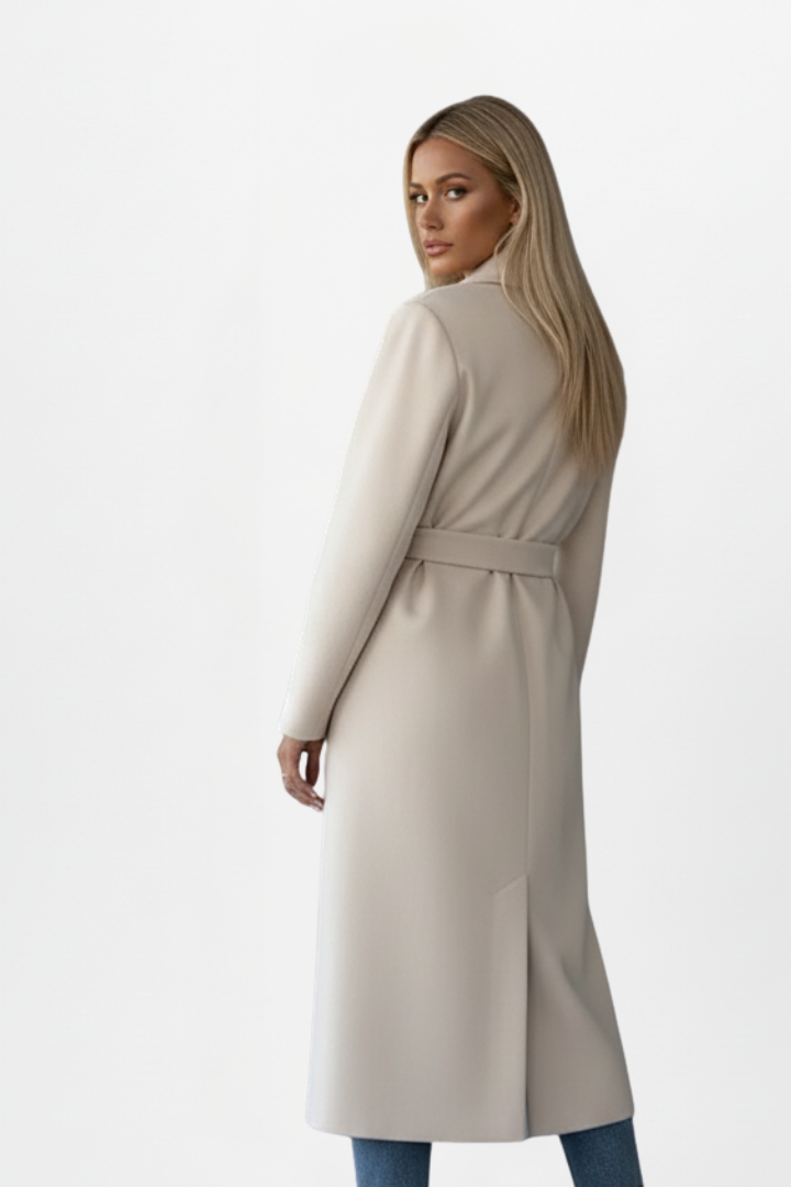 Longline Double-Breasted Belted Coat with Notch Lapels