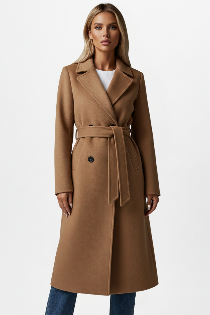 Longline Double-Breasted Belted Coat with Notch Lapels