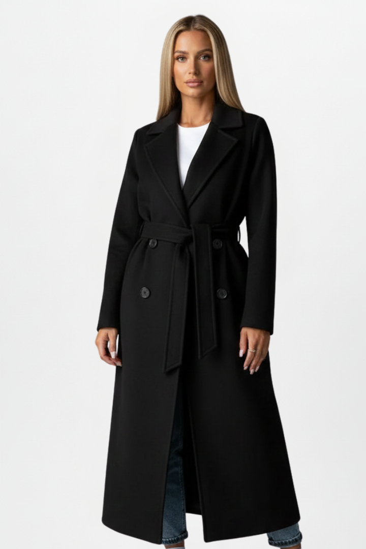 Longline Double-Breasted Belted Coat with Notch Lapels