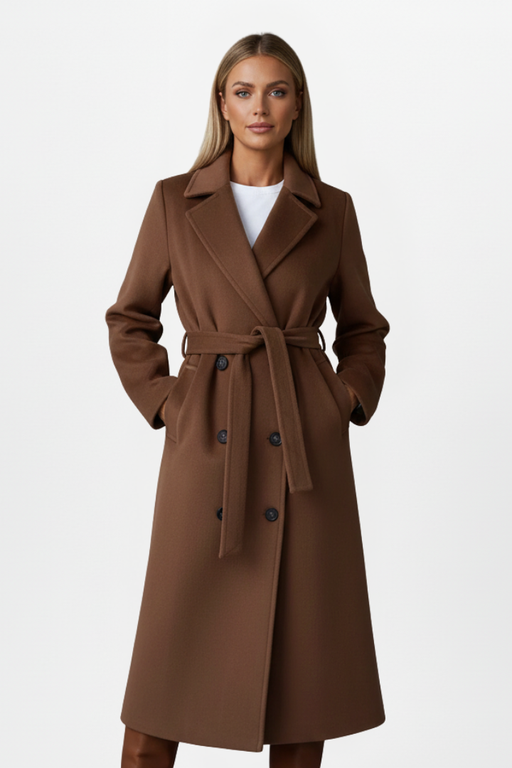 Longline Double-Breasted Belted Coat with Notch Lapels - Marl &amp; Mere