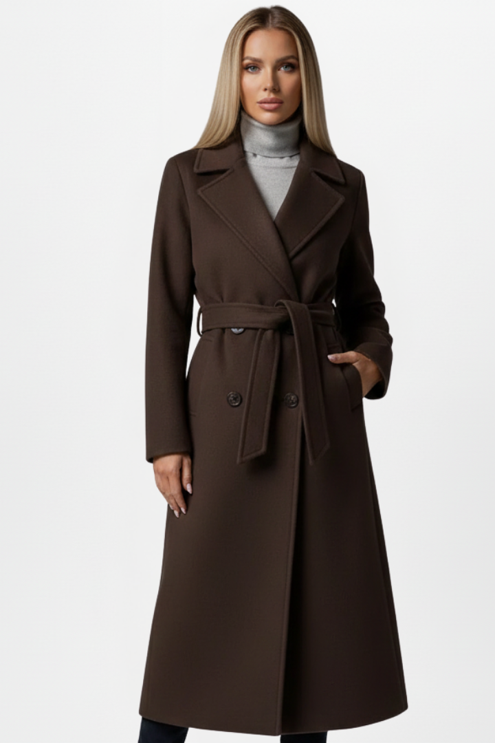 Longline Double-Breasted Belted Coat with Notch Lapels - Marl &amp; Mere