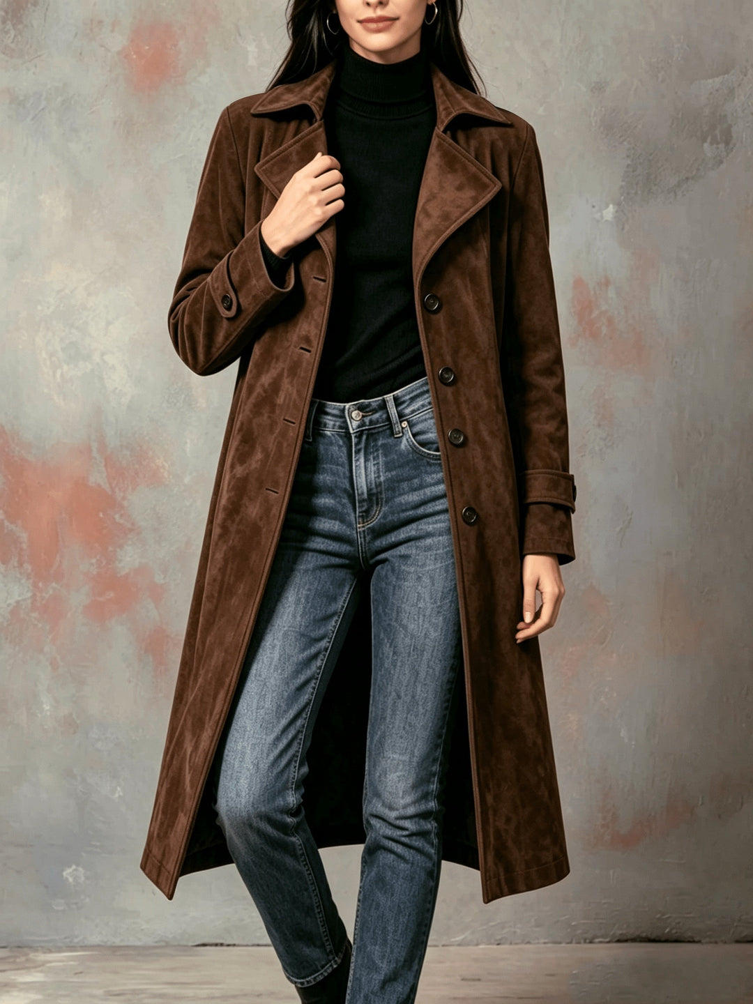 Longline Single-Breasted Coat with Notch Lapels