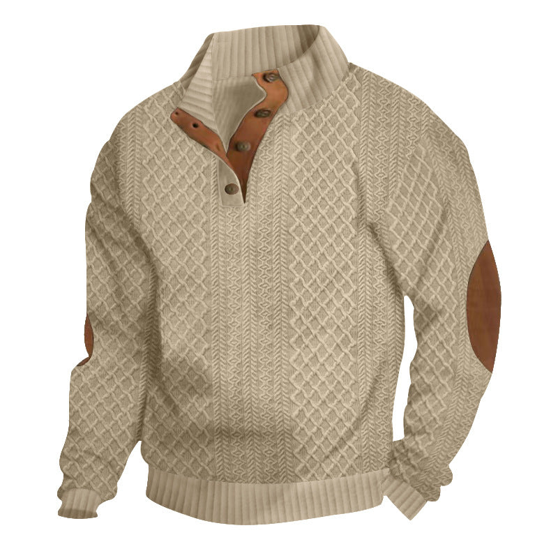 Men's Half-Button Jacquard Knit Jumper with Stand Collar and Elbow Patches