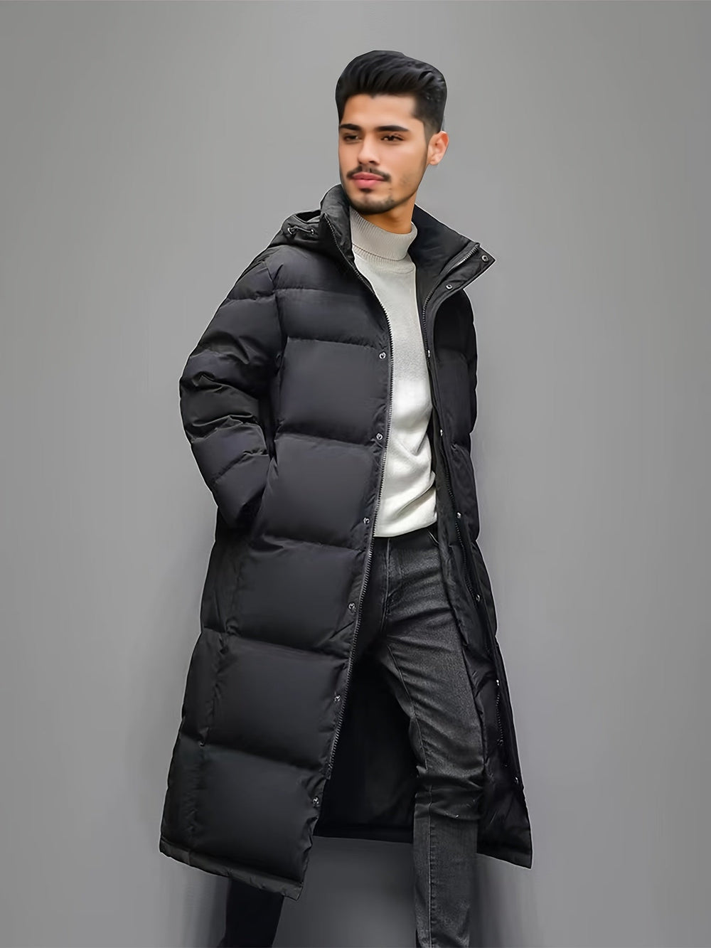 Men's Long Hooded Puffer Coat with Windproof Shell