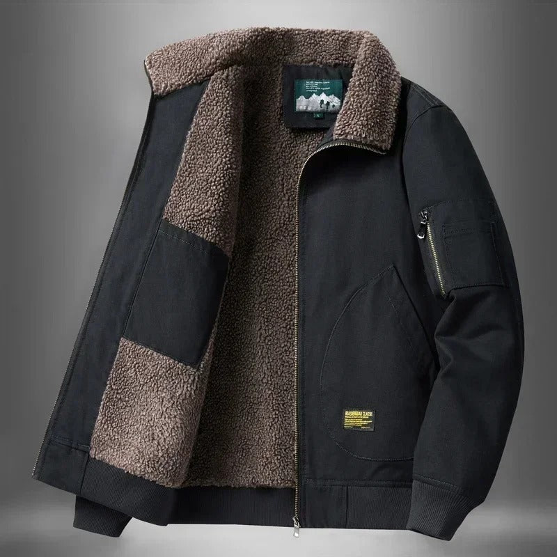Men's Sherpa-Lined Aviator Jacket with Wide Collar and Sleeve Pocket