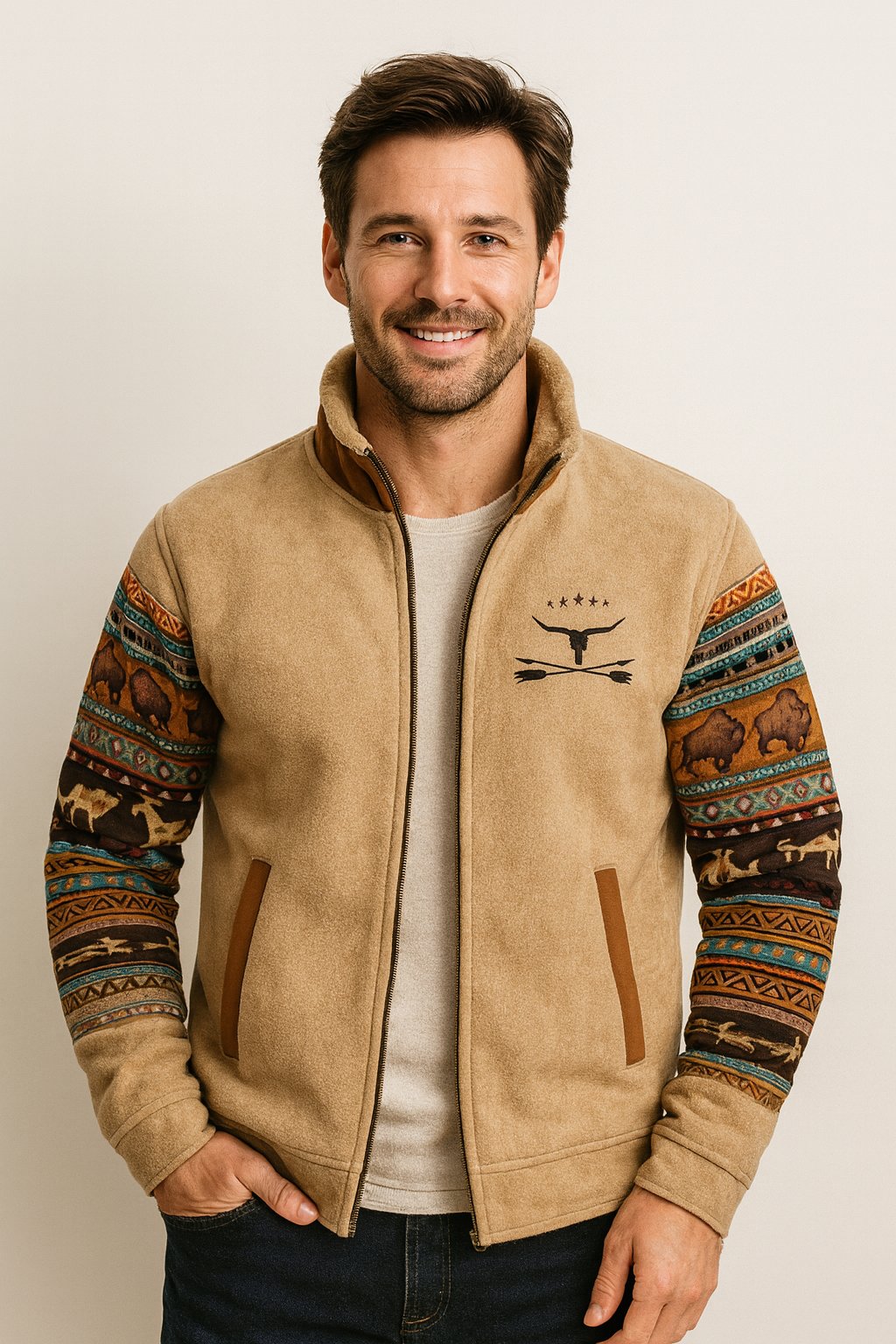 Men's Western Fleece Jacket with Aztec Print Sleeves and Colour-Block Panels