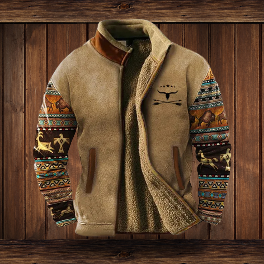 Men's Western Fleece Jacket with Aztec Print Sleeves and Colour-Block Panels