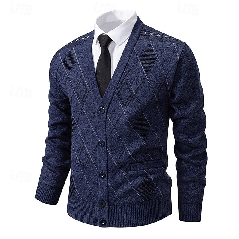 Men's Argyle Knit V-Neck Cardigan with Button Front