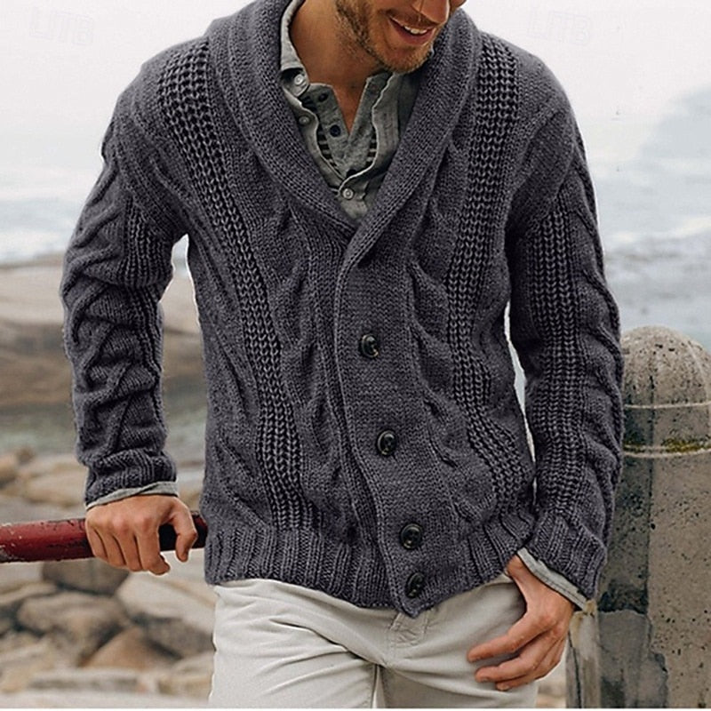 Men's Cable Knit Shawl Collar Cardigan with Button Front - Marl & Mere