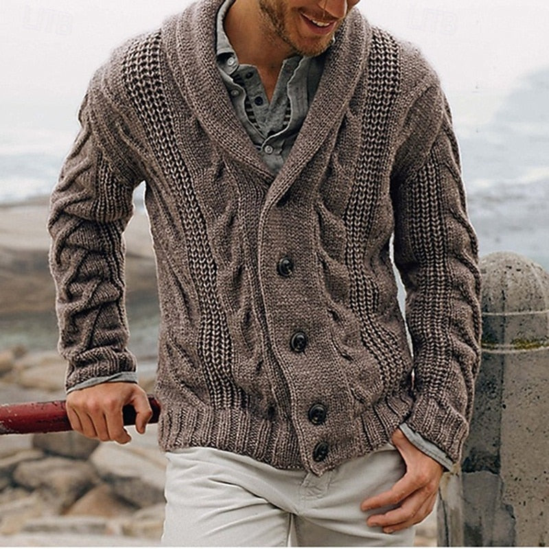 Men's Cable Knit Shawl Collar Cardigan with Button Front - Marl & Mere