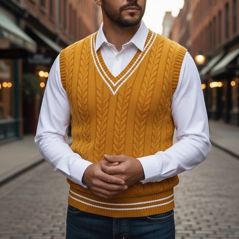 Men's Cable Knit V-Neck Sweater Vest with Varsity Stripe Trim - Marl & Mere