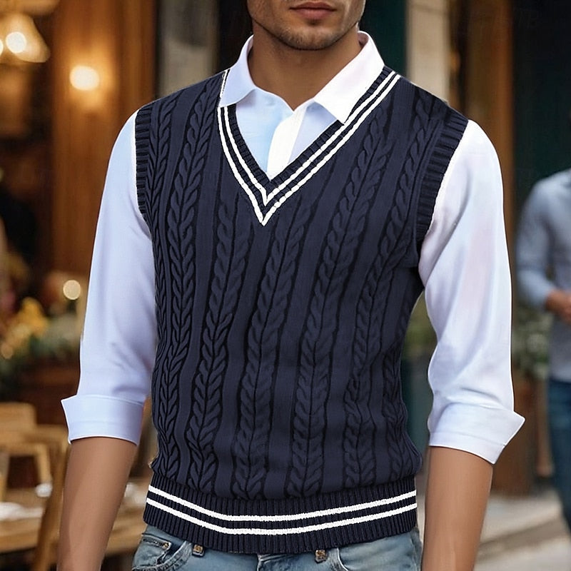 Men's Cable Knit V-Neck Sweater Vest with Varsity Stripe Trim - Marl & Mere