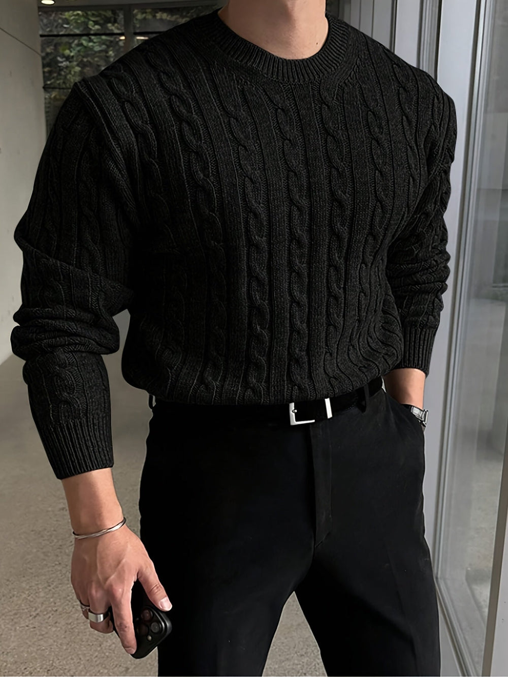 Men's Chunky Cable Knit Crew Neck Jumper - Marl & Mere