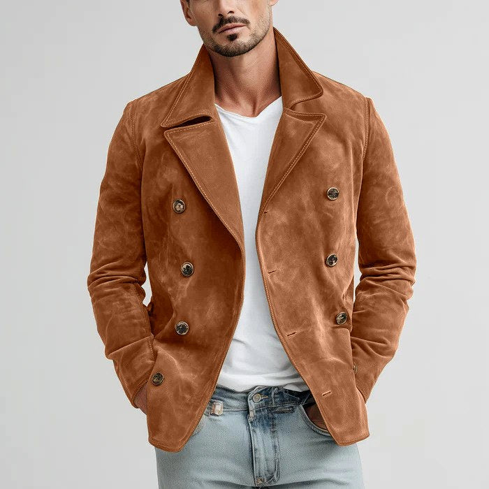 Men's Double-Breasted Suede Jacket with Wide Notch Lapels