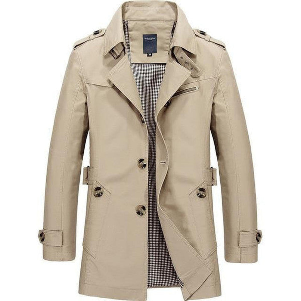 Men's Double-Breasted Trench Coat with Adjustable Belt and Lapel Collar