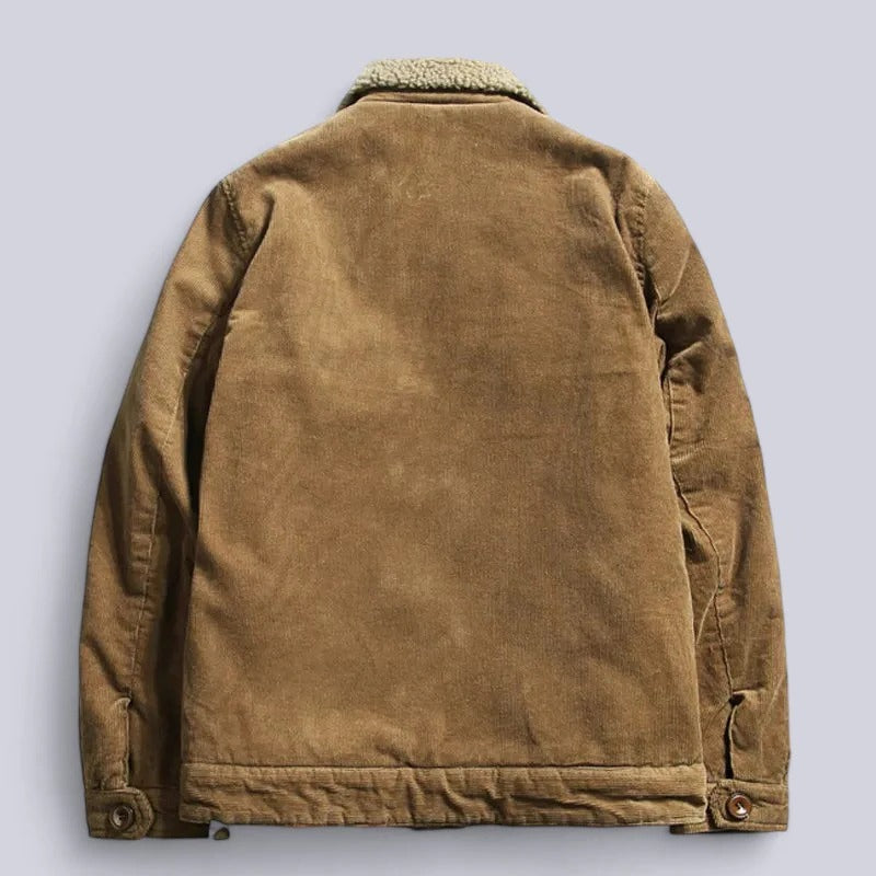 Men's Fleece-Lined Corduroy Jacket with Front Zip and Three Pockets
