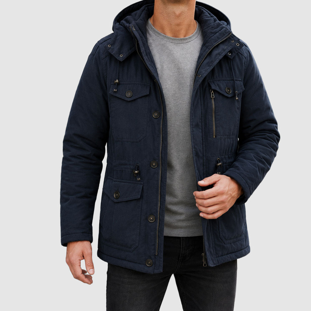 Men's Fleece-Lined Hooded Utility Jacket with Cargo Pockets