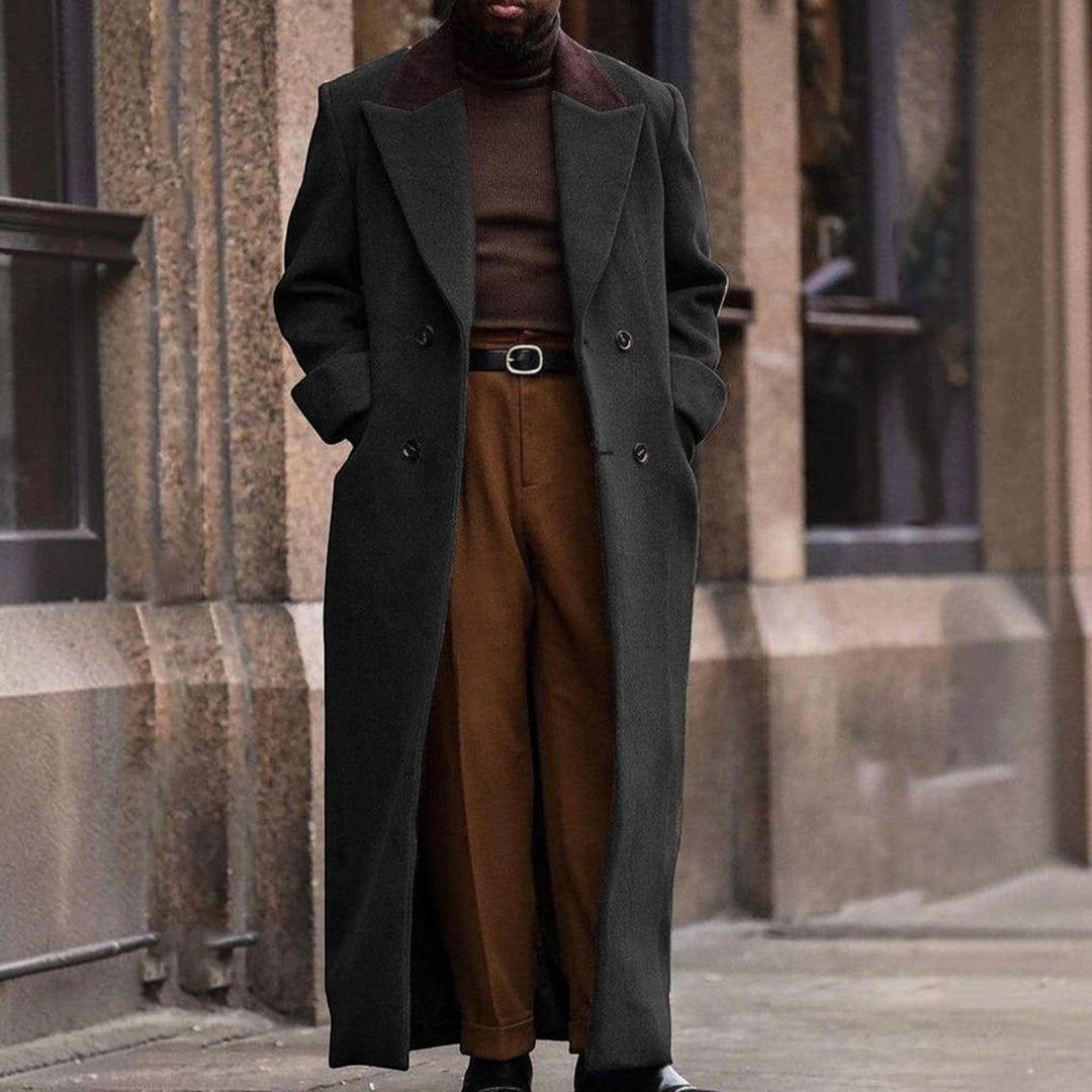 Men's Full-Length Double-Breasted Overcoat with Corduroy Collar - Marl & Mere