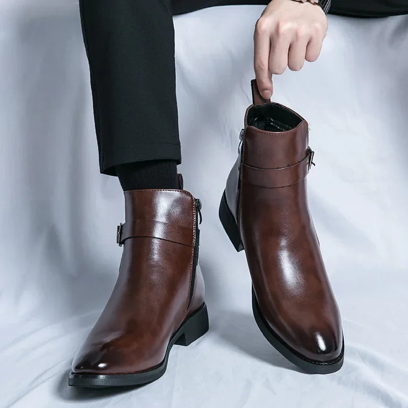 Men's Genuine Leather Buckle Strap Ankle Boots with Side Zip - Marl & Mere