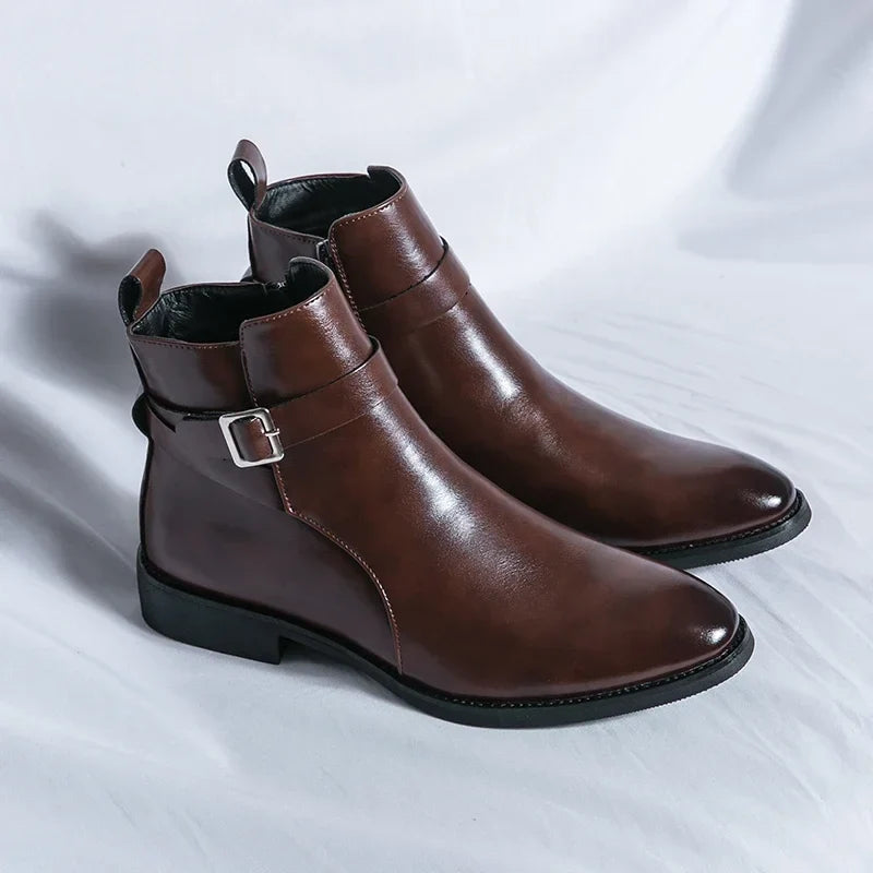 Men's Genuine Leather Buckle Strap Ankle Boots with Side Zip - Marl & Mere