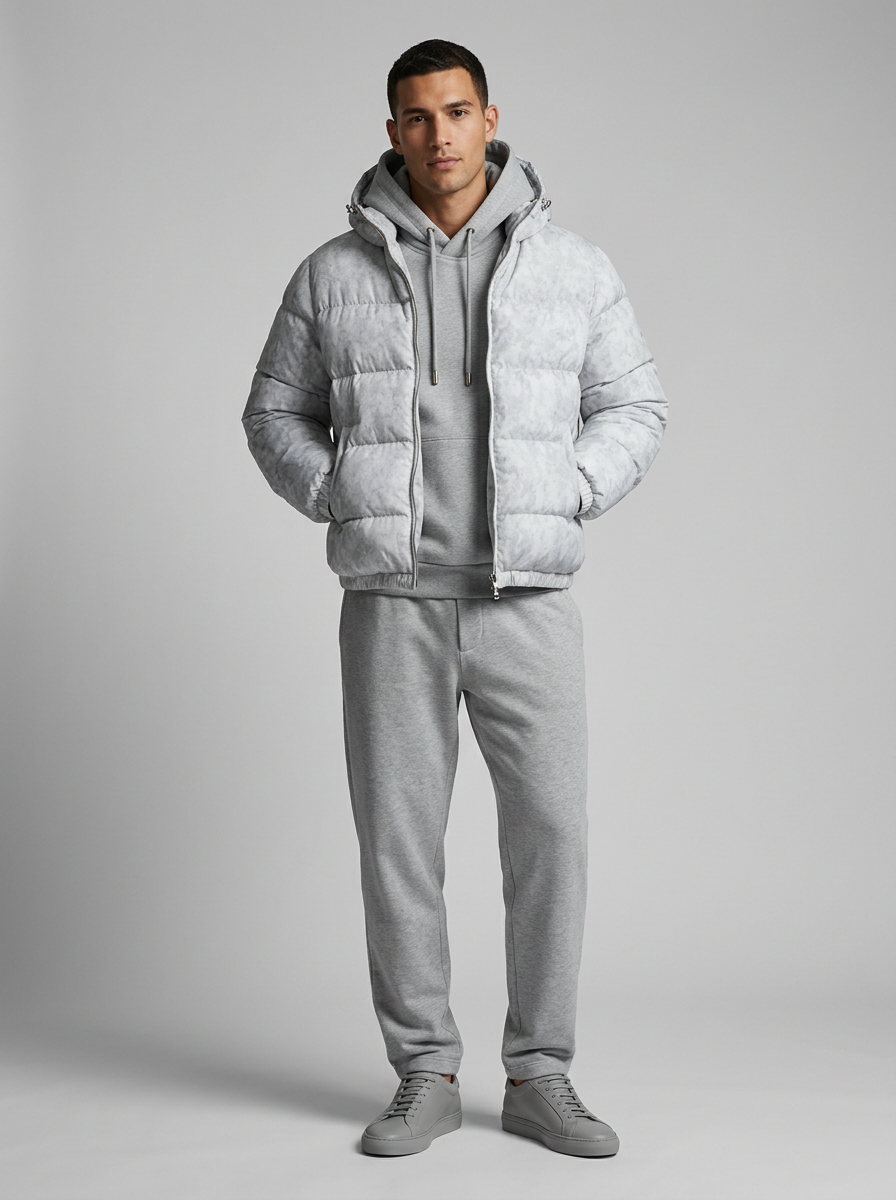 Men's Hooded Puffer Jacket with Glossy Quilted Finish