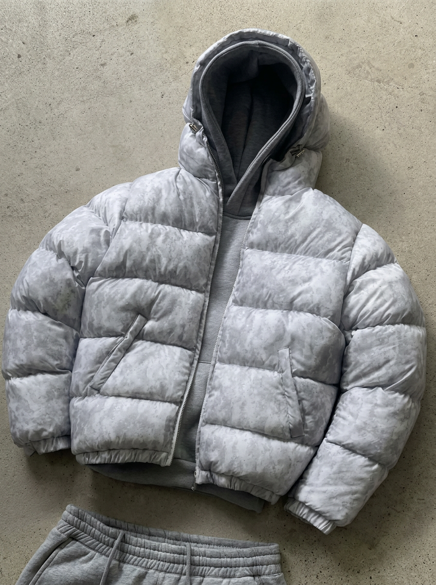 Men's Hooded Puffer Jacket with Glossy Quilted Finish