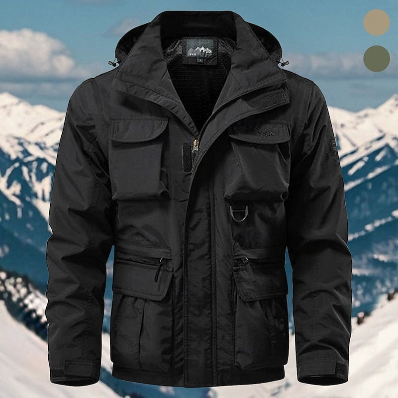 Men's Hooded Utility Jacket with Multi-Pocket Front