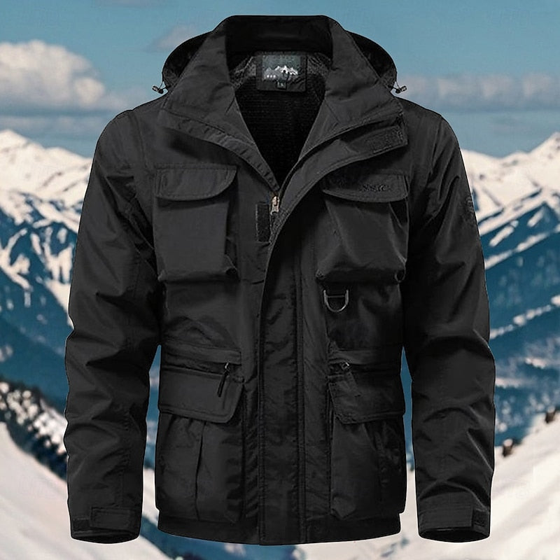 Men's Hooded Utility Jacket with Multi-Pocket Front