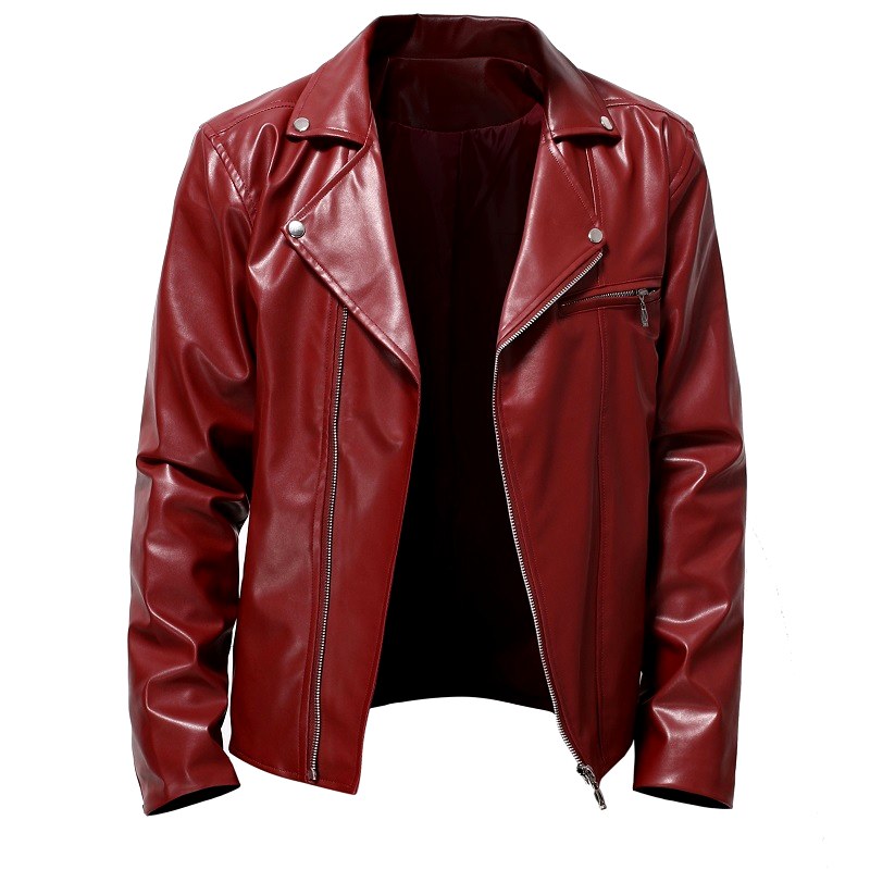Men's Leather Moto Jacket with Asymmetric Zip and Snap-Tab Lapels