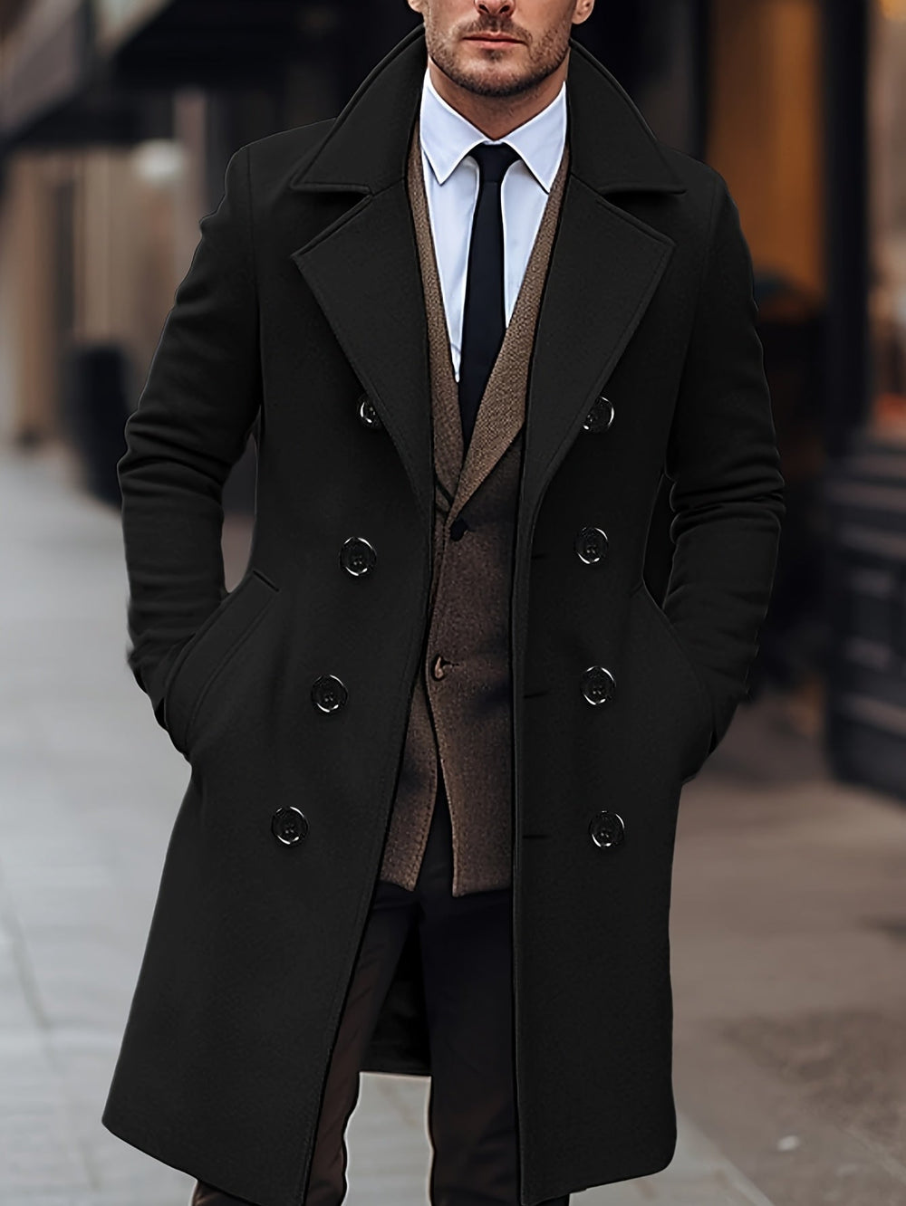 Men's Long Double-Breasted Tailored Overcoat - Marl & Mere