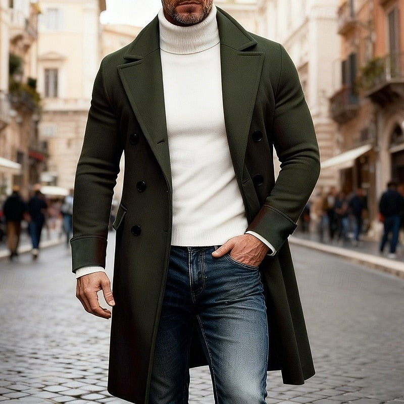 Men's Long Wool-Blend Double-Breasted Overcoat with Notched Lapels