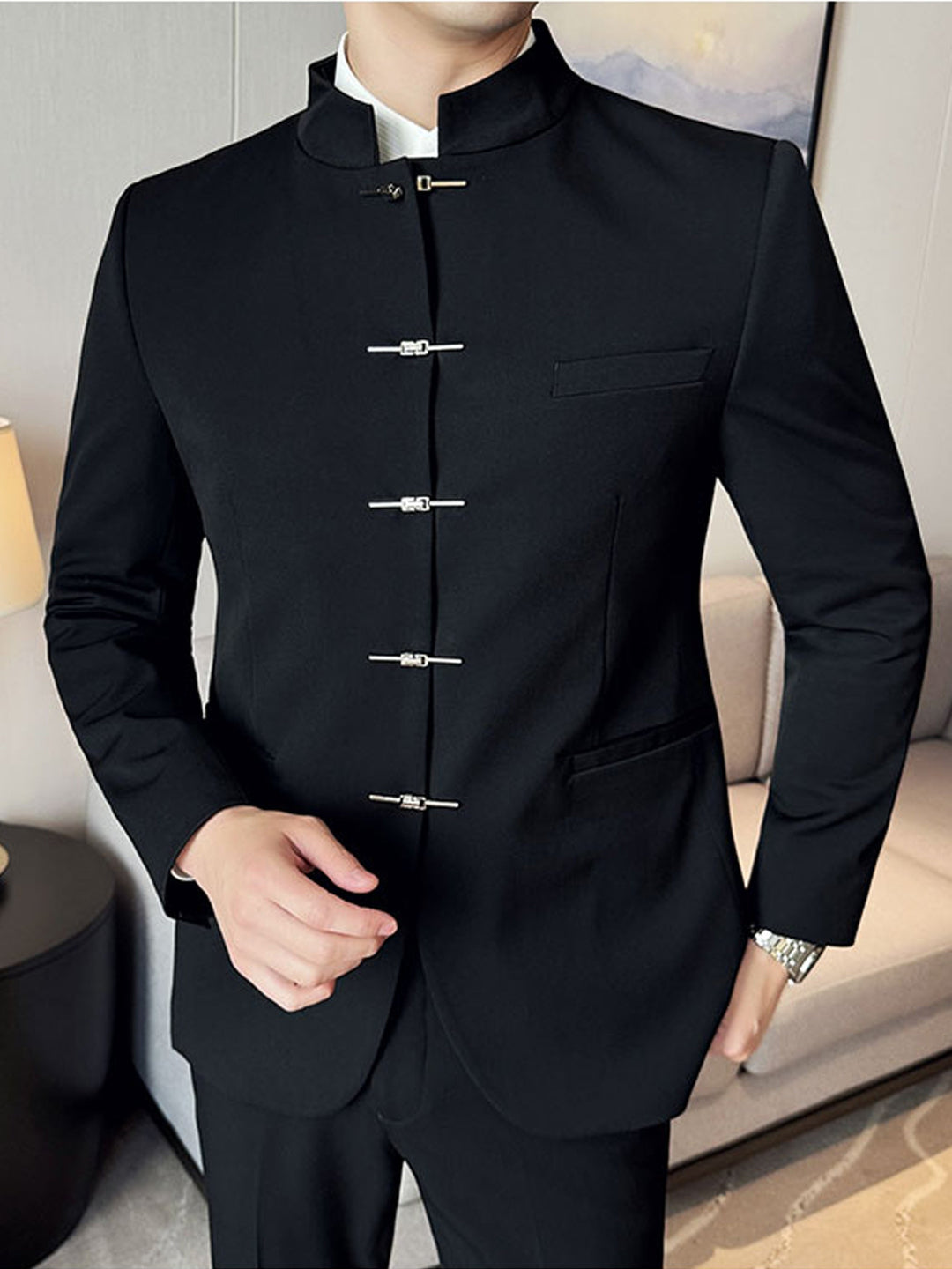Men's Mandarin Stand-Collar Jacket with Frog Button Closures