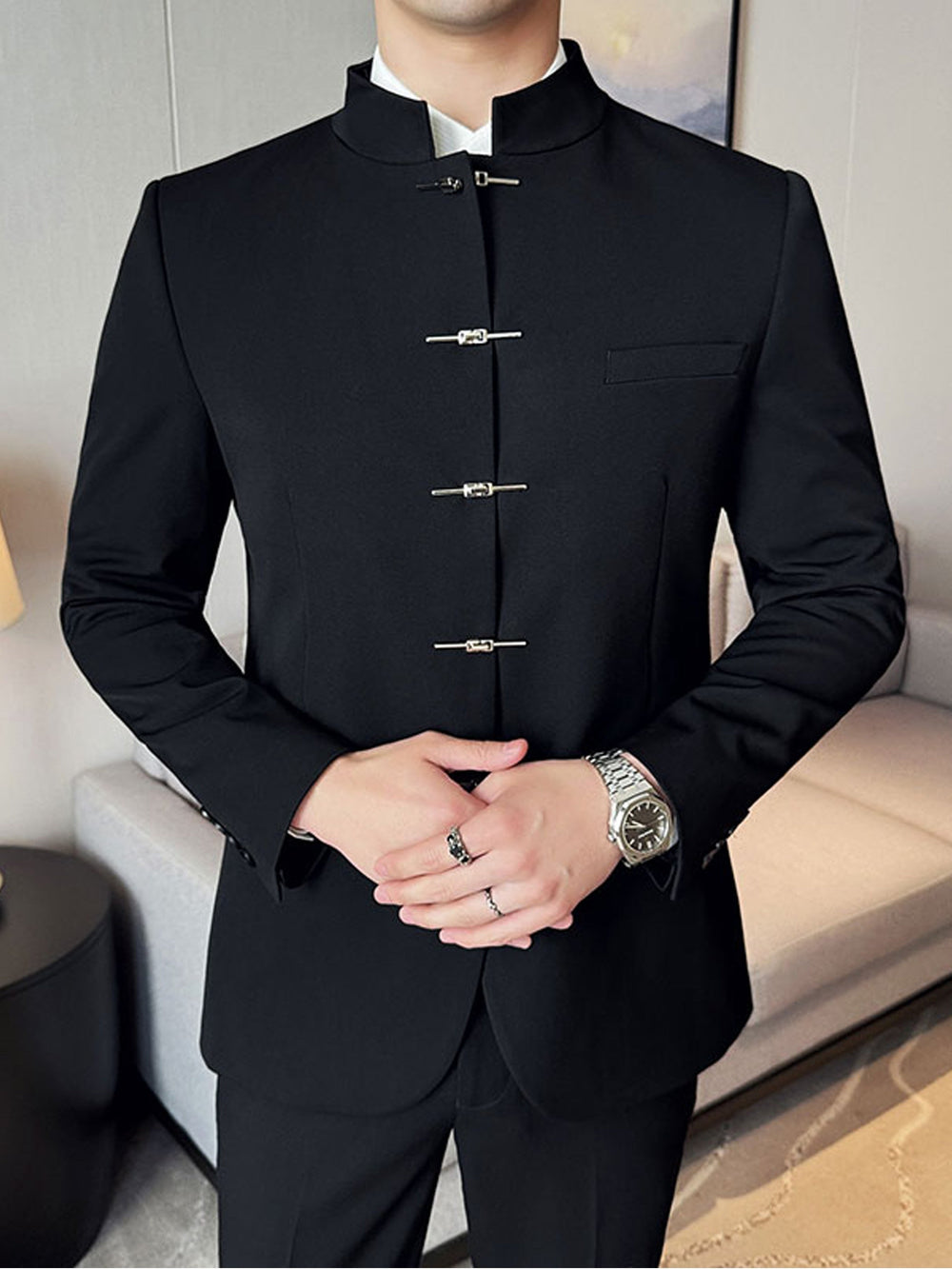 Men's Mandarin Stand-Collar Jacket with Frog Button Closures