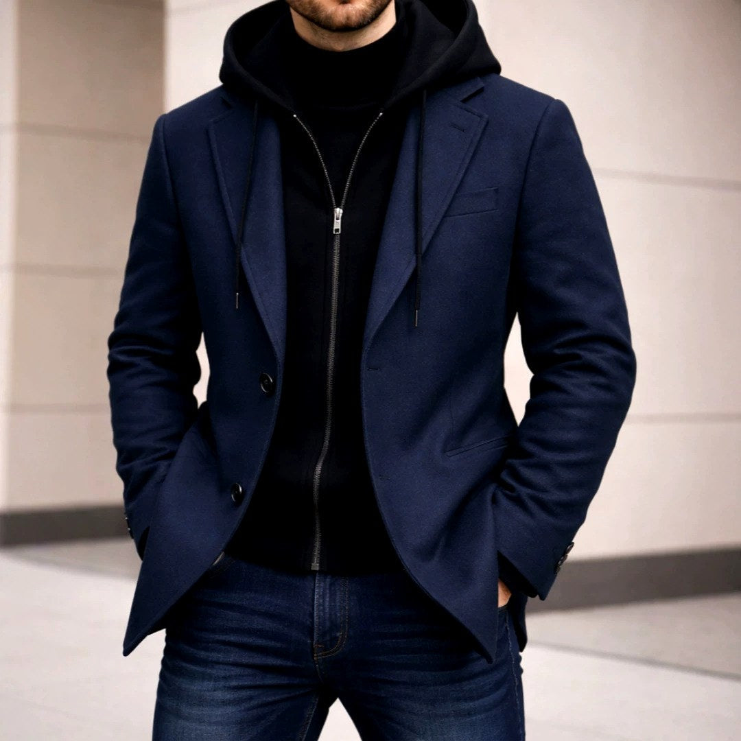 Men's Notch Lapel Two-Button Blazer with Layered Hoodie