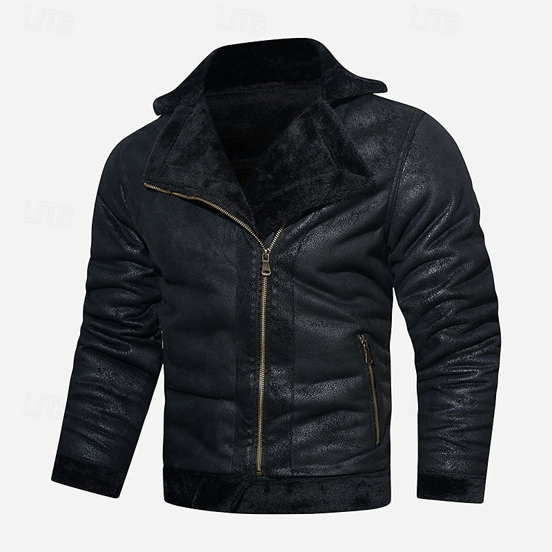 Men's Plush-Lined Biker Jacket with Asymmetric Zip