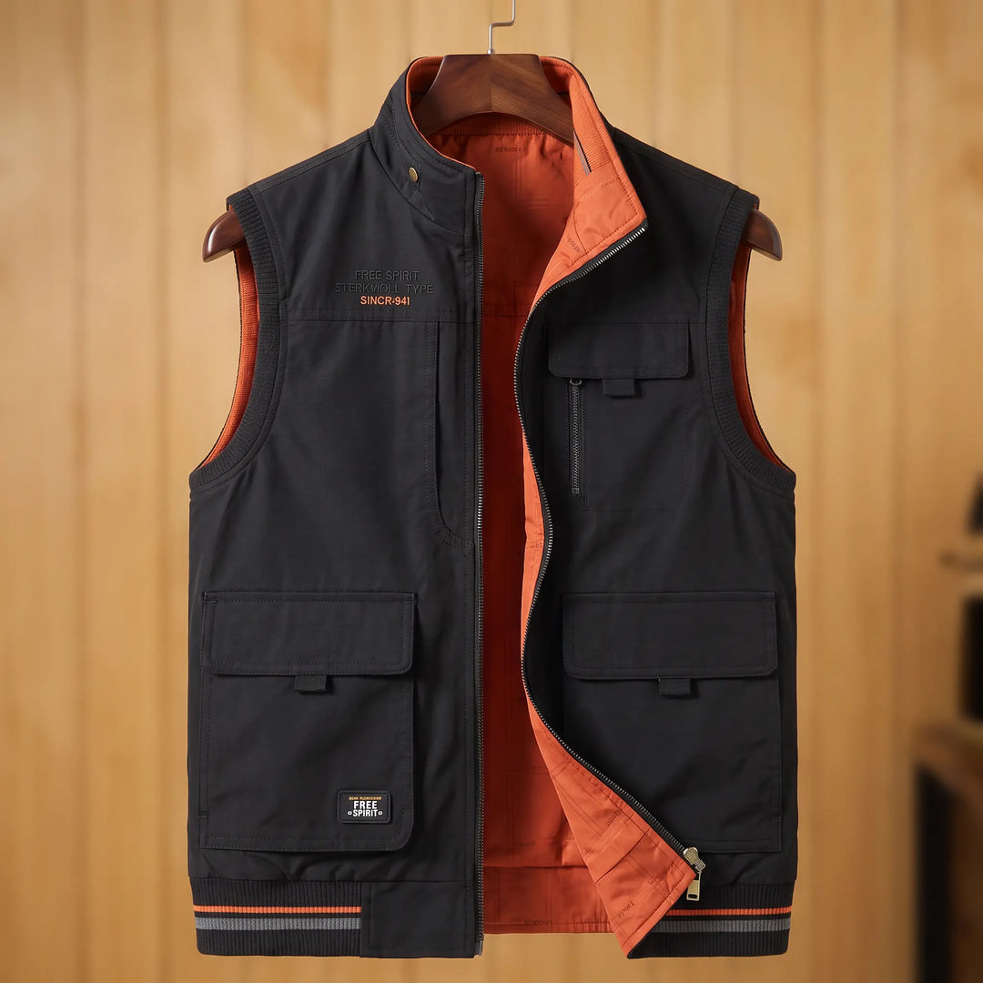 Men's Reversible Multi-Pocket Cargo Gilet with Stand Collar - Marl & Mere