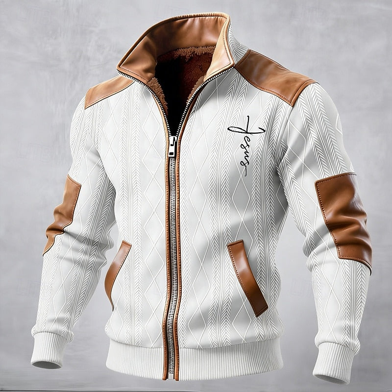 Men's Ribbed Knit Stand-Collar Zip Jacket with Contrast Trim
