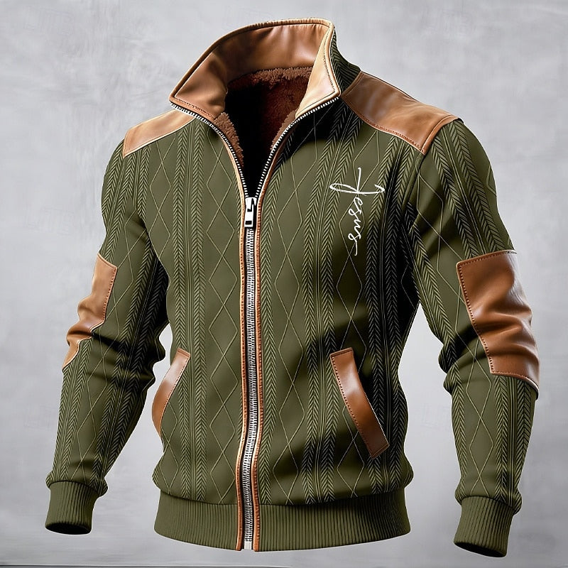 Men's Ribbed Knit Stand-Collar Zip Jacket with Contrast Trim