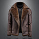 Men's Shearling-Lined Leather Jacket with Wide Collar and Asymmetric Zip