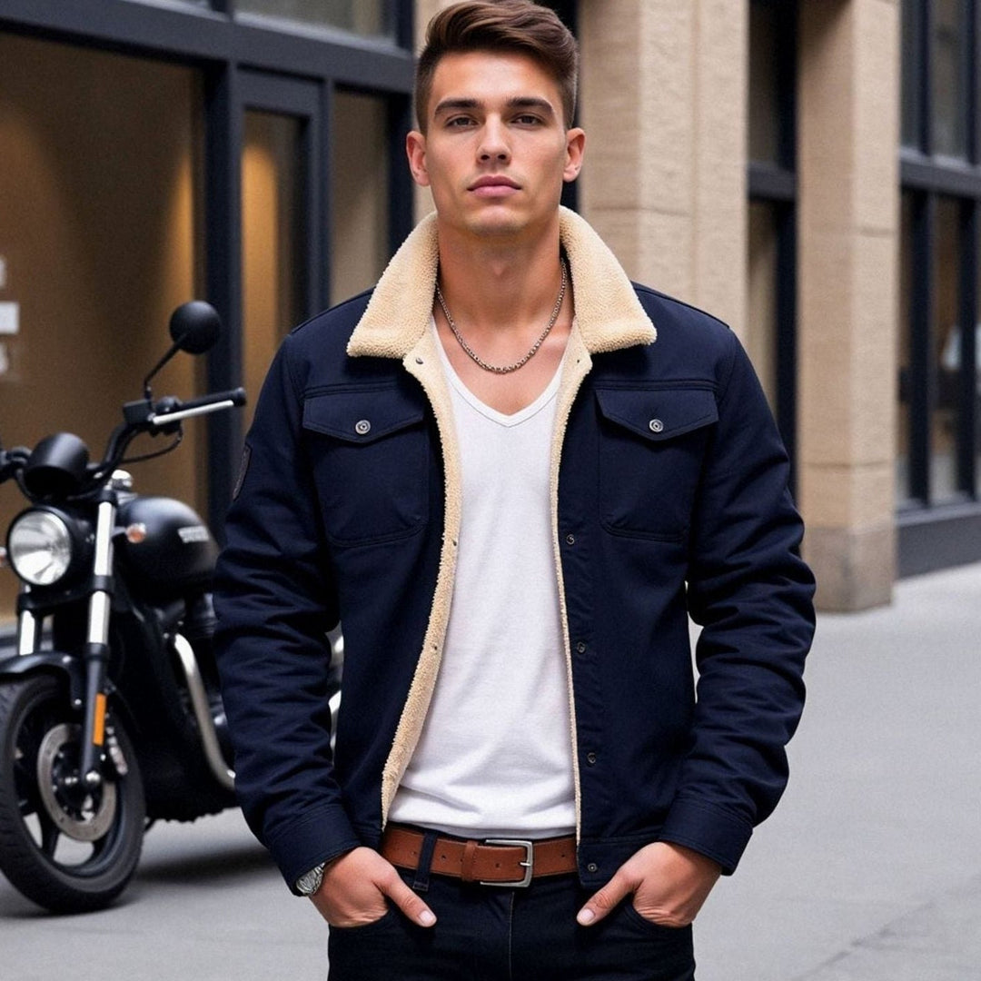Men's Sherpa-Lined Jacket with Snap Button Front and Four Pockets - Marl & Mere
