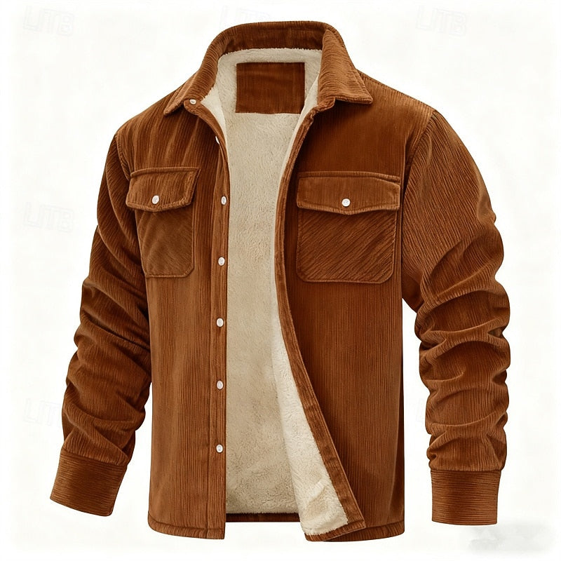 Men's Sherpa-Lined Ribbed Shirt Jacket with Chest Flap Pockets