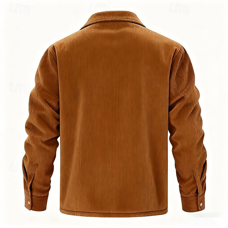 Men's Sherpa-Lined Ribbed Shirt Jacket with Chest Flap Pockets