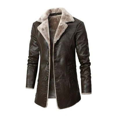 Men's Sherpa-Lined Winter Jacket with Fur Collar and Button Front